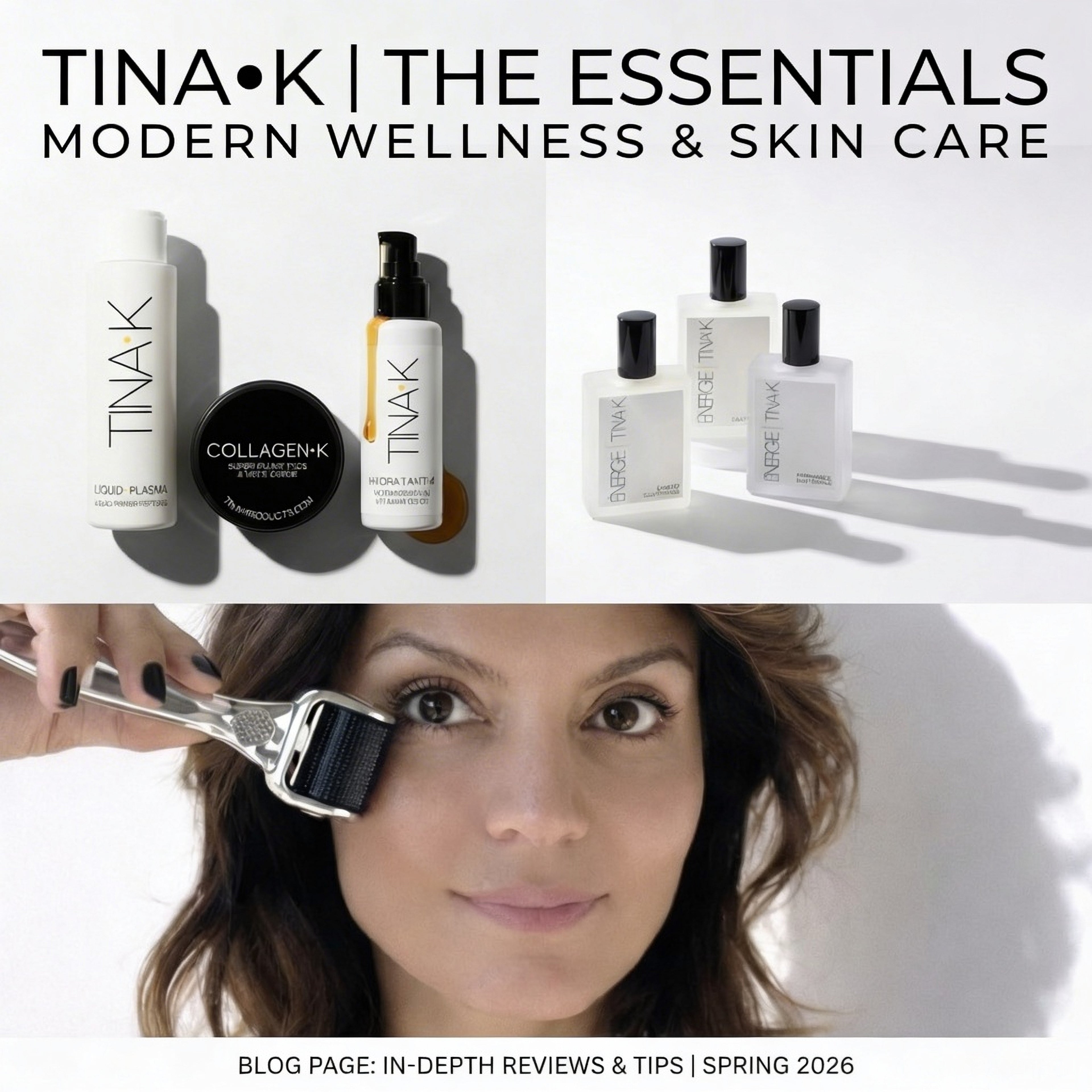 Tina K skincare products with a woman using a derma roller on her face.